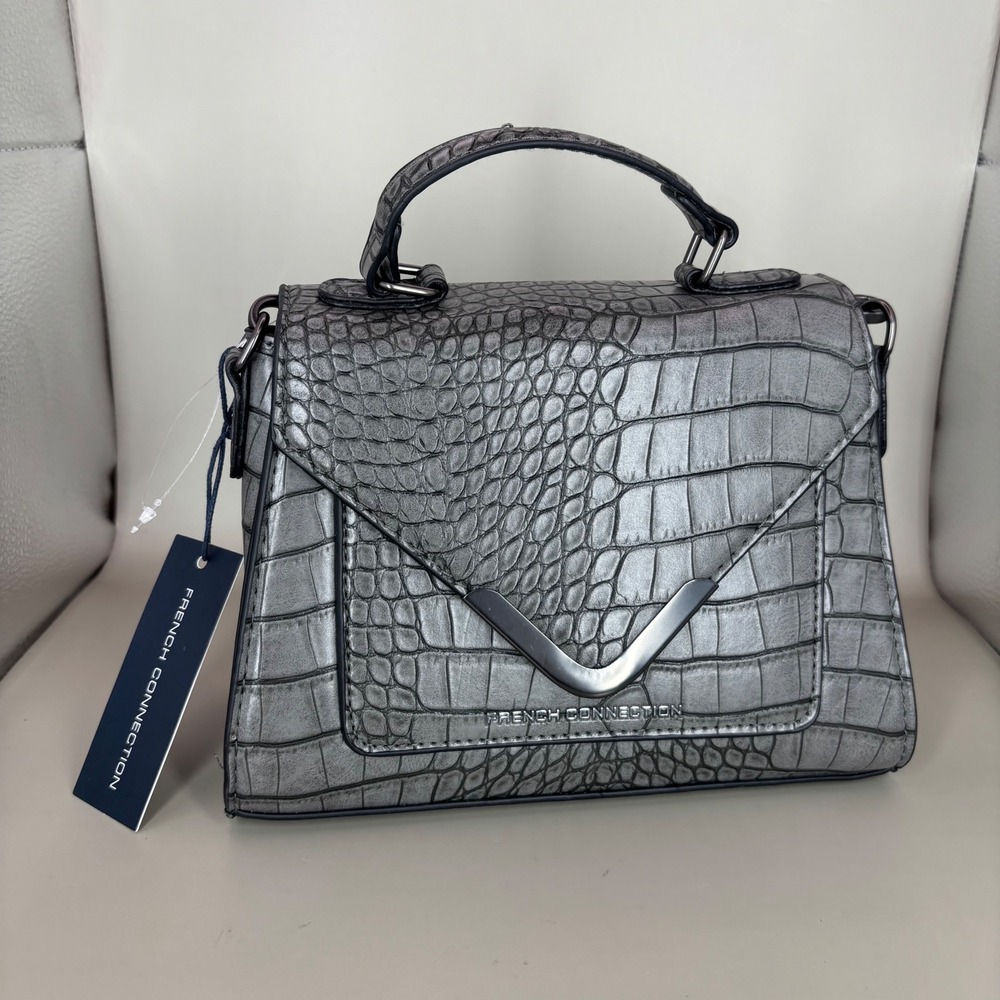French Connection Metallic Croc‎ Embossed Structured Top Handle Crossbody Purse
